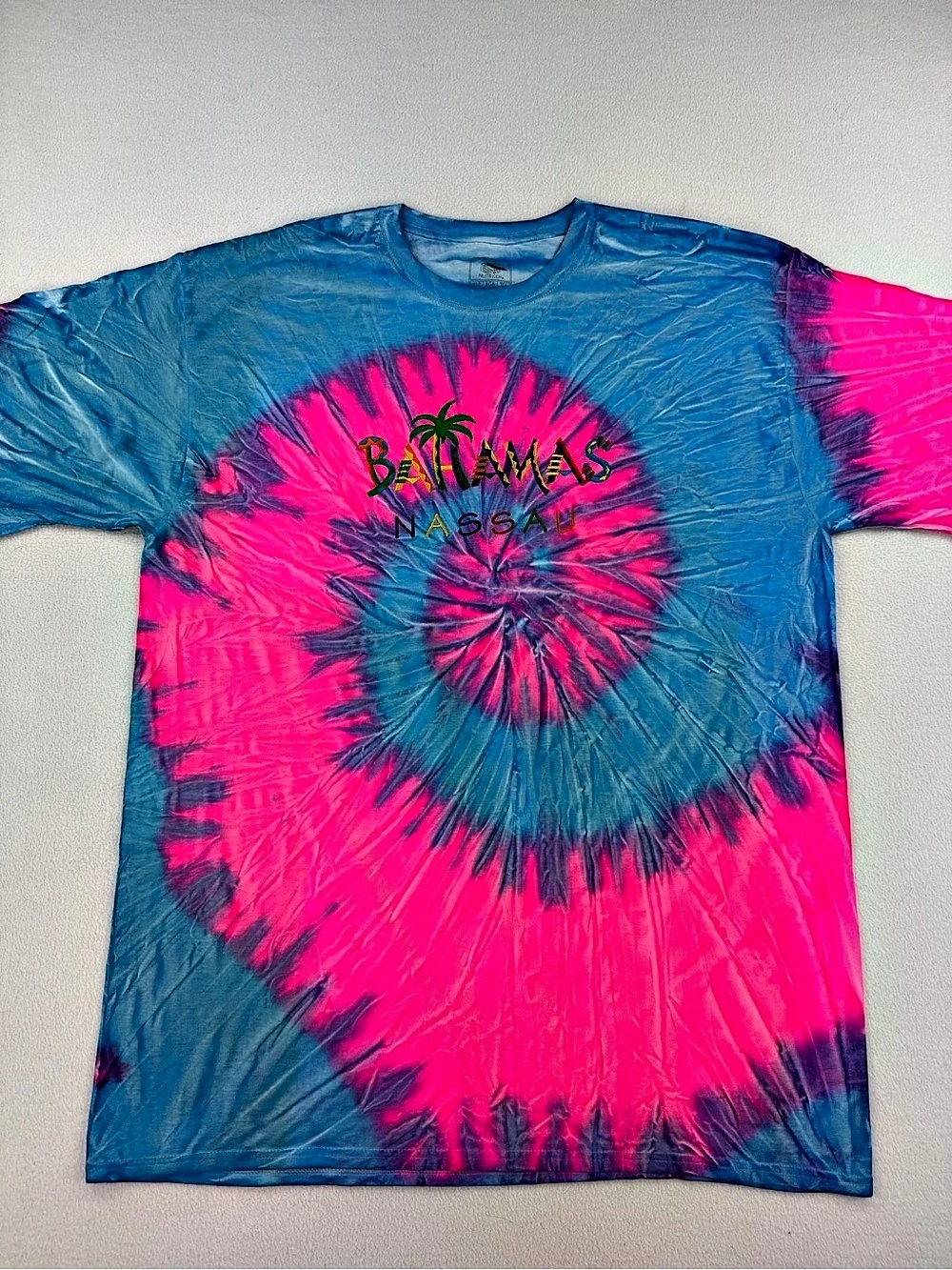 Fruit Of The Loom Mens Bahamas Nassau Spiral Tie Dye Pink Blue T-shirt Size XL
